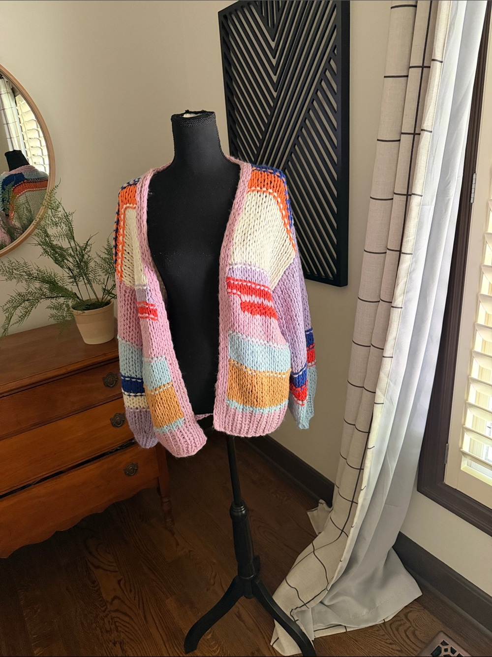 Chunky Multicolor Open-Front Cardigan Sweater - Pink